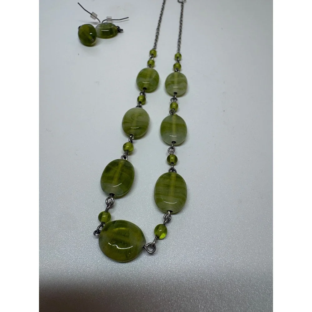 Green Beaded Jewelry Set Necklace and Earring Gunmetal Tone Chain